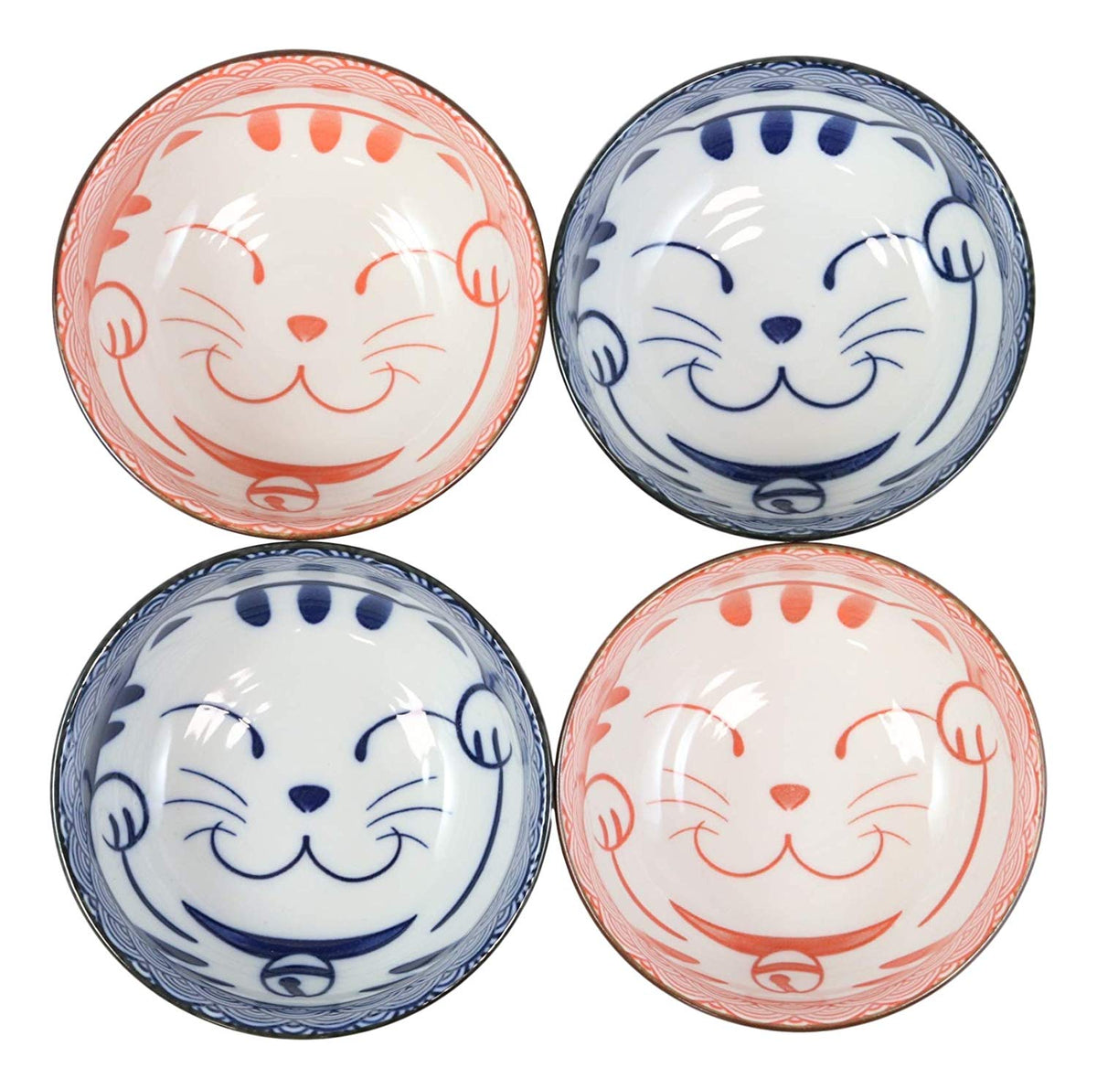 Ebros Made In Japan Auspicious Lucky Meow Cat Maneki Neko 5"D Porcelain Bowls Set Of 4