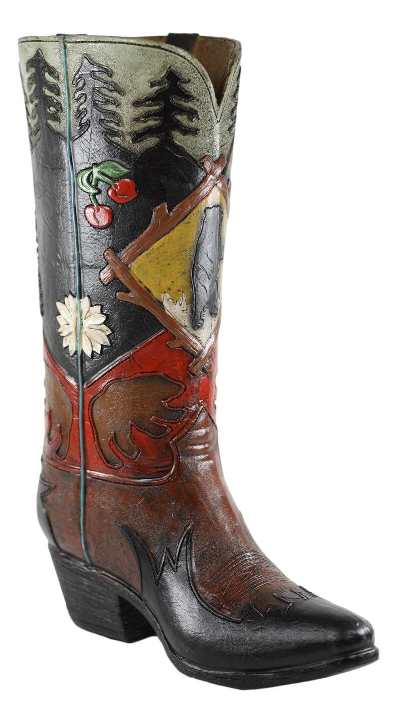 Rustic Country Black Bear Pine Trees Cherries Cowboy Boot Vase Planter Figurine
