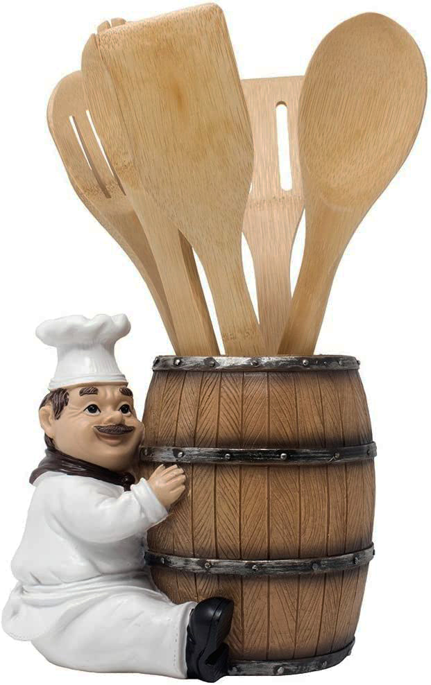 Iron Chef Jean Hugging Wooden Old Fashioned Wine Barrel Kitchen Utensil Holder