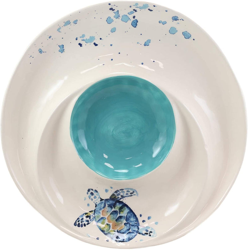 Ebros Blue And White Sea Turtle Ceramic Dinnerware (Chips & Salsa Plate, 1)