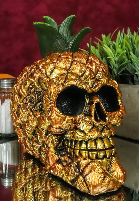 Hawaiian Tropical Pineapple Golden Skull Figurine 6"Tall Fruity Skeleton Head - Ebros Gift