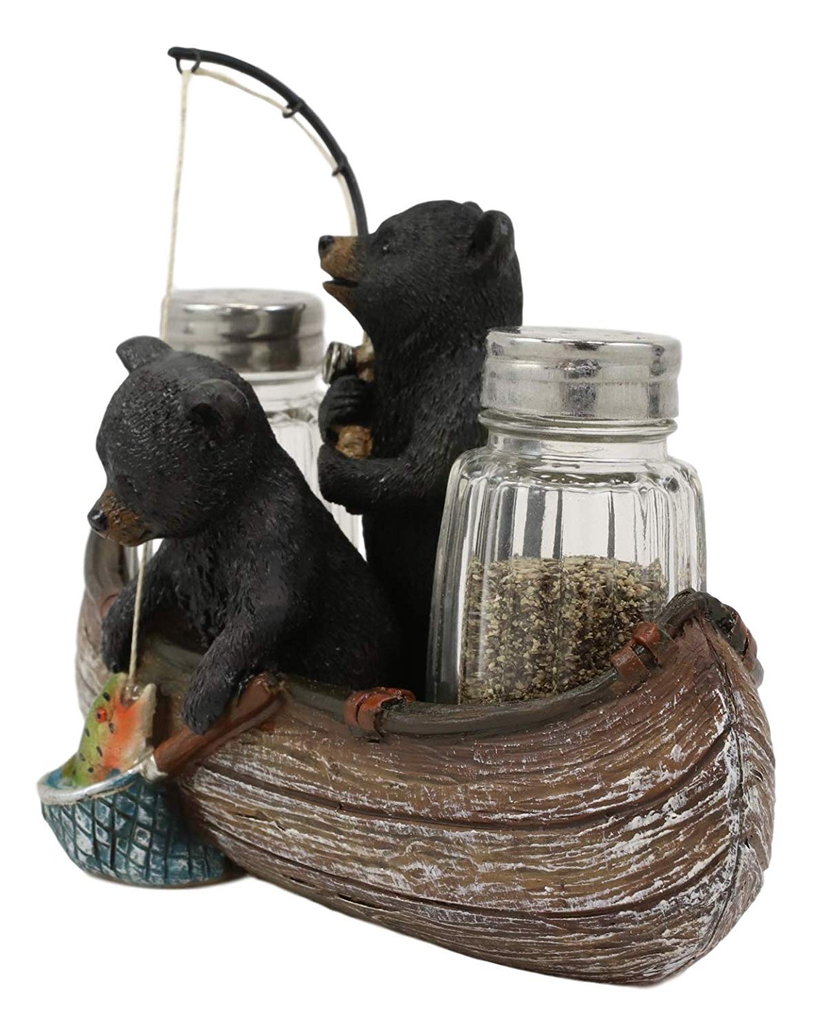 Ebros Rustic 2 Black Bears Fishing In Canoe Boat Salt Pepper Shakers Holder Set