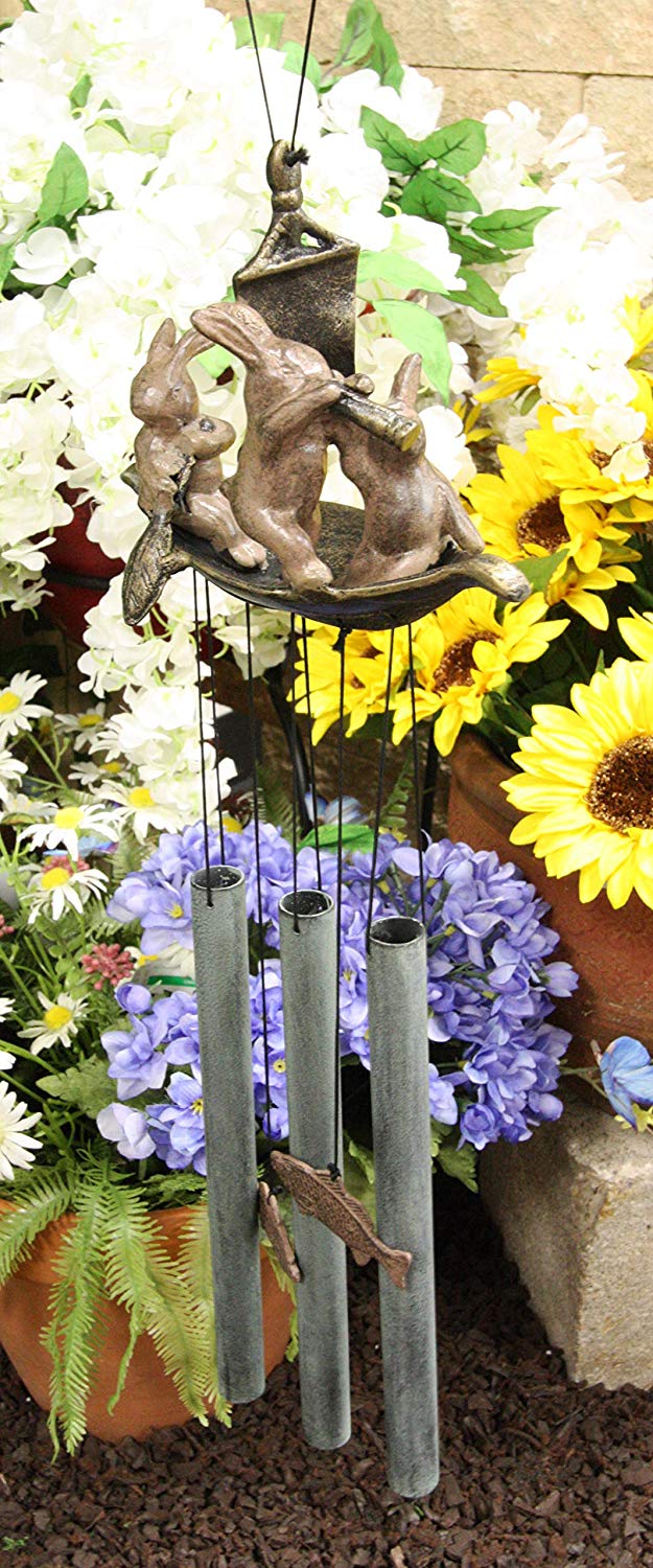 Ebros Gift Aluminum Whimsical Bunny Rabbit Explorers On A Sail Boat with Telescope Tube Wind Chime Sculpture with Hanging Fish Ornaments 25.5" Tall Garden Lawn Patio Home Pool Deck Accent Decor