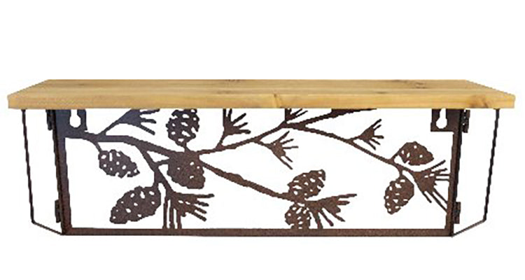 Western Rustic Forest Woodlands Pinecones Metal Cutout Wall Hanging Wood Shelf