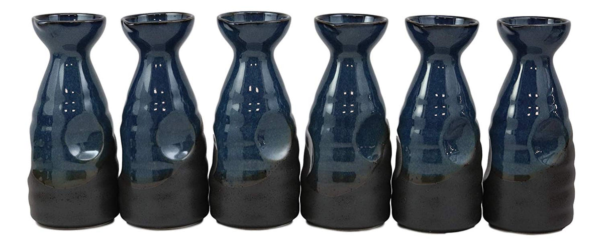Glazed Ceramic Blue And Black Japanese Wine Sake Tokkuri Flask Pack of 6 Flasks