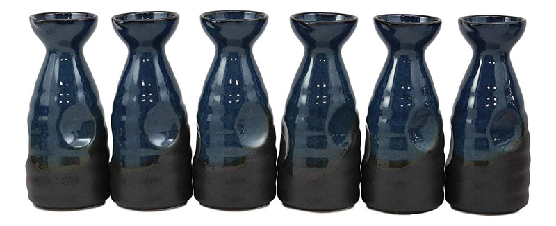 Glazed Ceramic Blue And Black Japanese Wine Sake Tokkuri Flask Pack of 6 Flasks