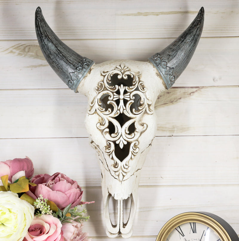 Ebros Large American Buffalo Bison Tooled Floral Lace Filigree Skull Wall Decor