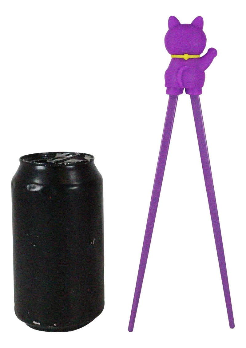 Purple Maneki Neko Lucky Cat Reusable Training Chopsticks Set W/ Silicone Helper