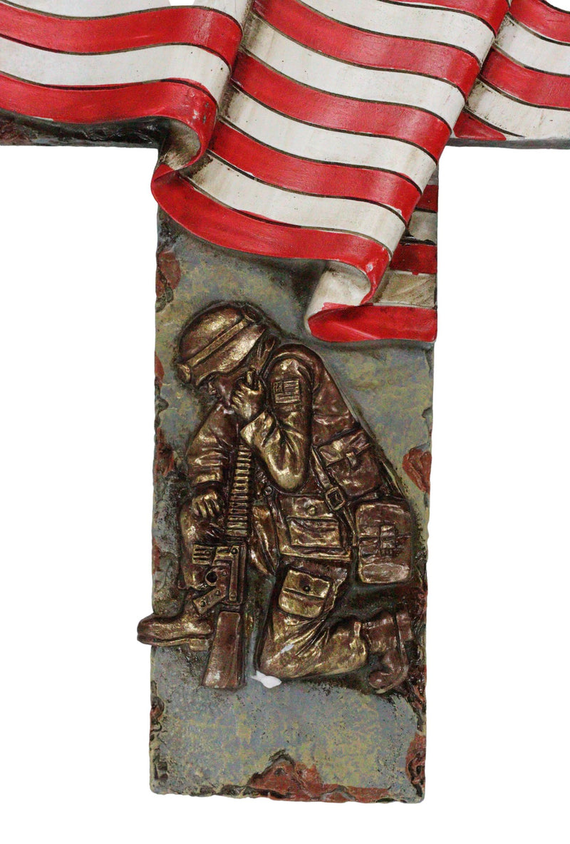 Patriotic Battlefield Kneeling Soldier In Prayer With American Flag Wall Cross