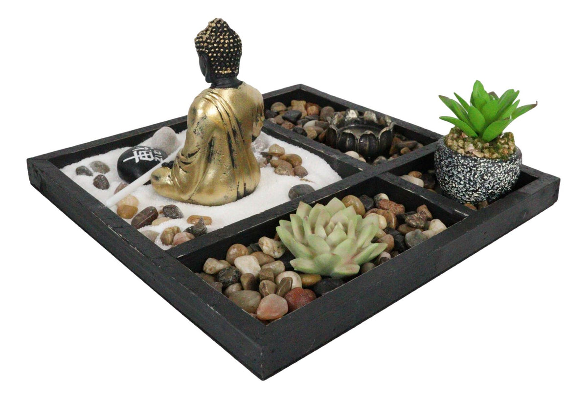 Meditating Buddha Zen Garden Kit With Lotus Candle Holders Sand Rake Succulents - Ebros Gift