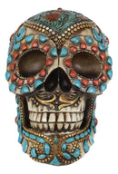 Southwestern Indian Boho Chic Aztec Tooled Skull With Turquoise And Red Stones