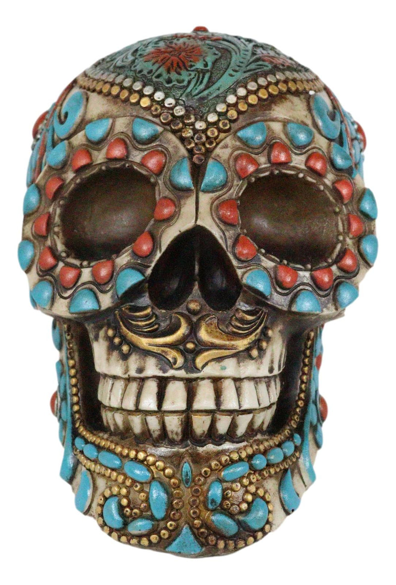 Southwestern Indian Boho Chic Aztec Tooled Skull With Turquoise And Red Stones