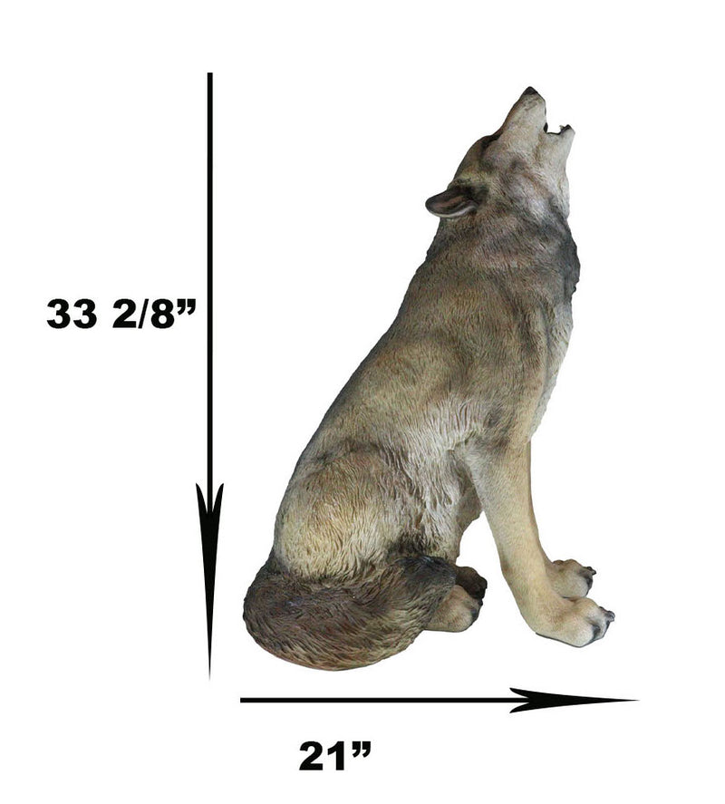 Large Wildlife Sitting Alpha Wolf Howling At The Moon Statue Decor 33.25" Tall
