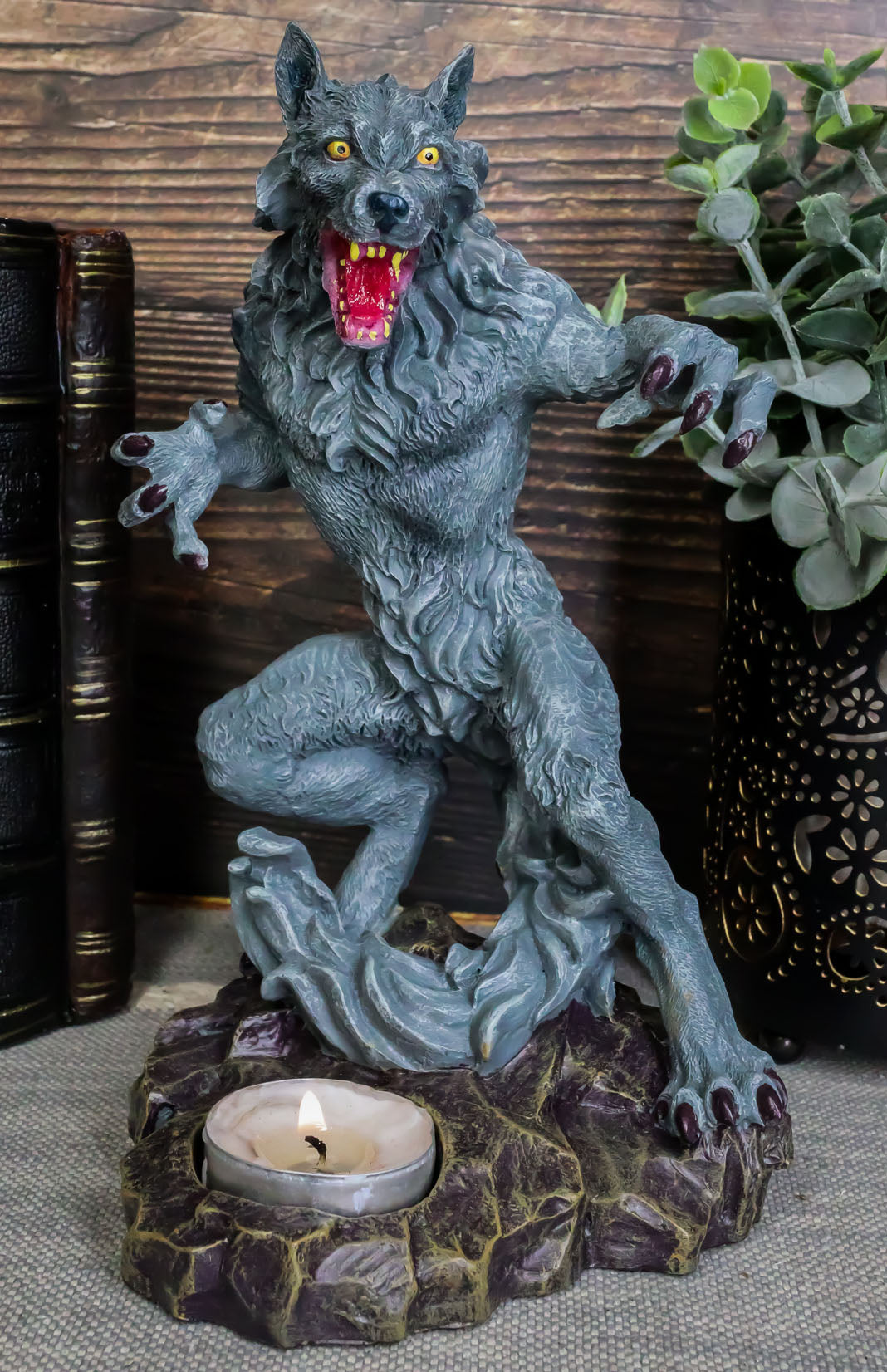 Ebros Gothic Werewolf Tea Light Candle Holder Statue Lycan Wolf Man Figurine - Ebros Gift