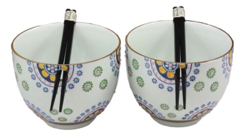 Ebros Japanese Design Ceramic Spring Flowers Ramen Noodles Bowl & Chopsticks Set of 2