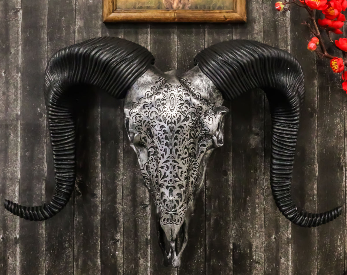 Silver Tribal Floral Scroll Tooled Filigree Corsican Ram Skull Wall Decor 11"W