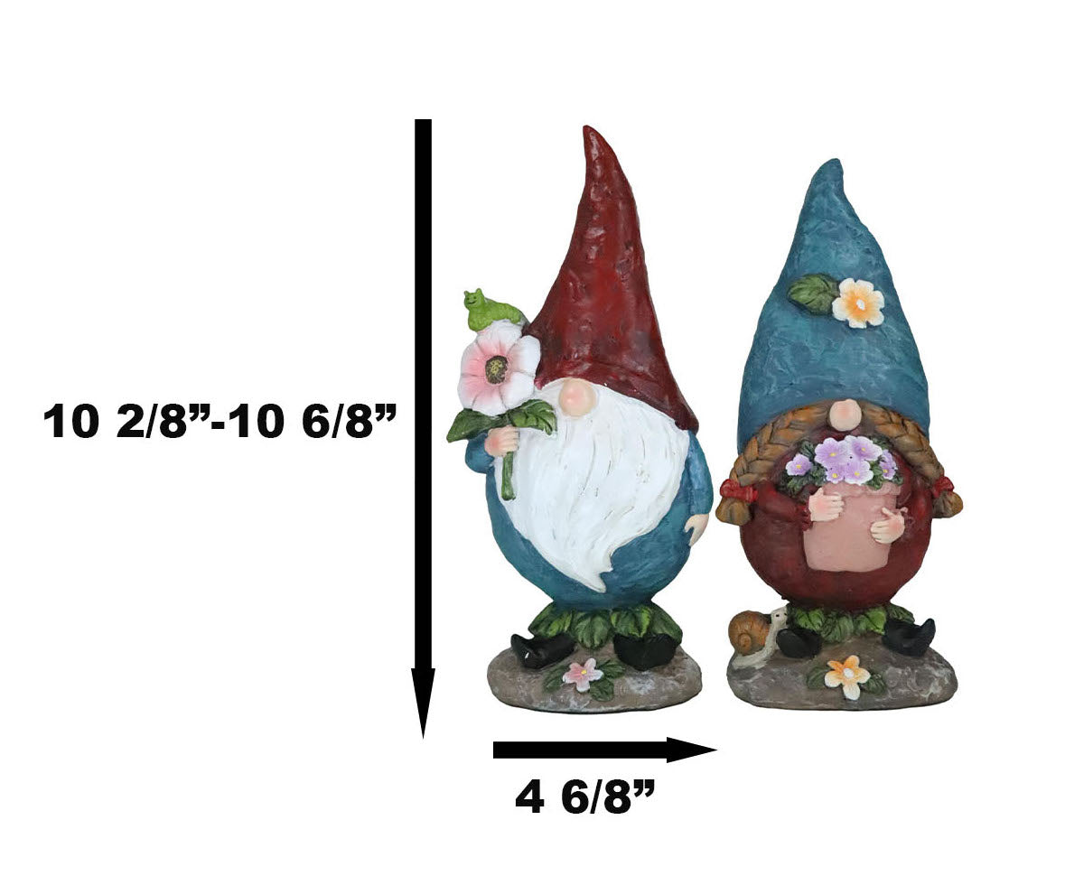 Pack Of 2 Whimsical Garden Mr And Mrs Gnome Couple Holding Flowers Figurines - Ebros Gift