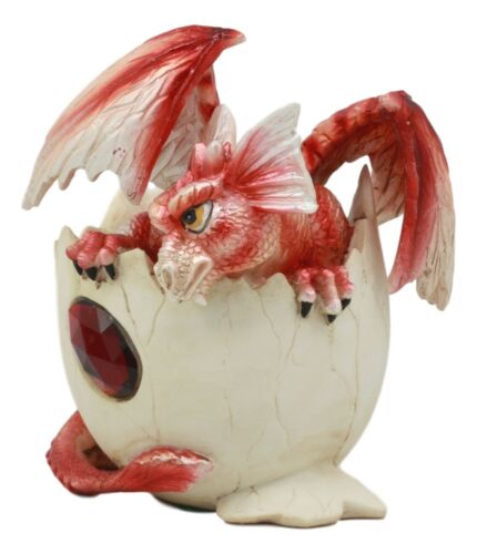 January Birthstone Dragon Egg Statue Red Gem Birthday Dragon Hatchling Figurine - Ebros Gift