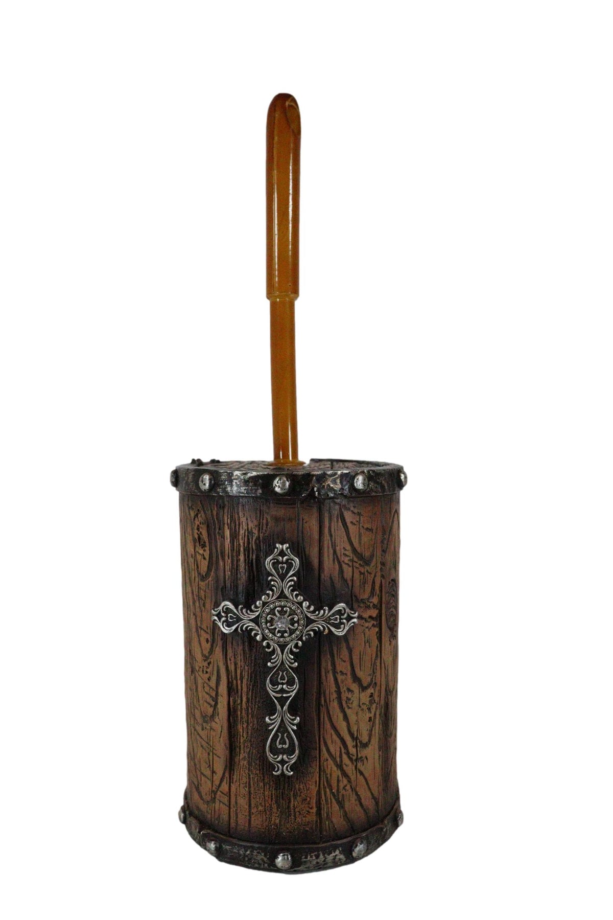 Country Rustic Western Silver Scroll Cross Faux Wood Toilet Brush And Holder Set