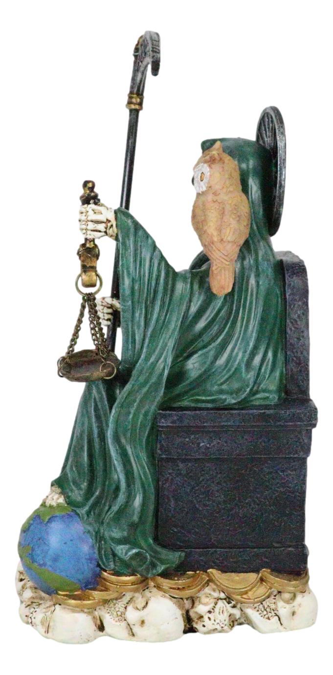 Seated Green Santa Muerte With Scythe Scales of Justice And Wise Owl Figurine 9"