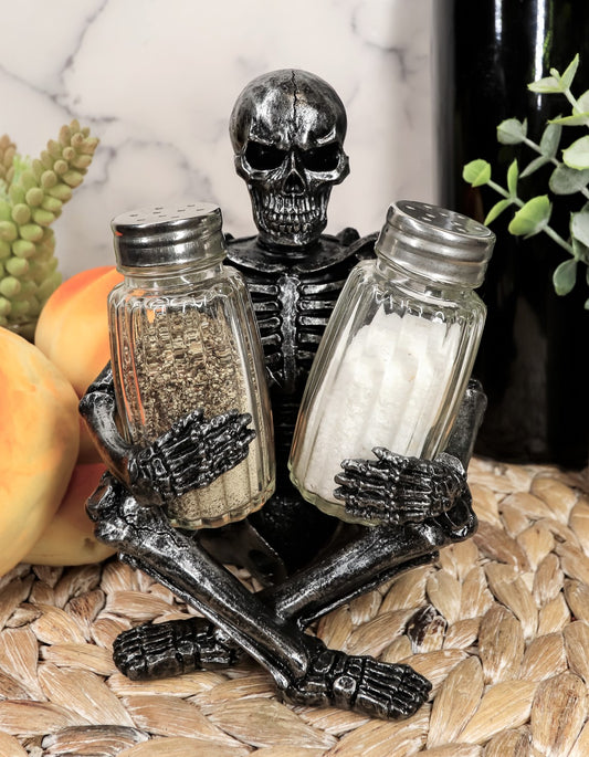 Ebros Gothic Sitting Skeleton Salt And Pepper Shakers Holder Figurine Set 6.25"H - Ebros Gift