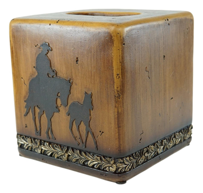 Rustic Western Cowboy With Horse And Foal Faux Wood Tissue Box Cover Home Decor