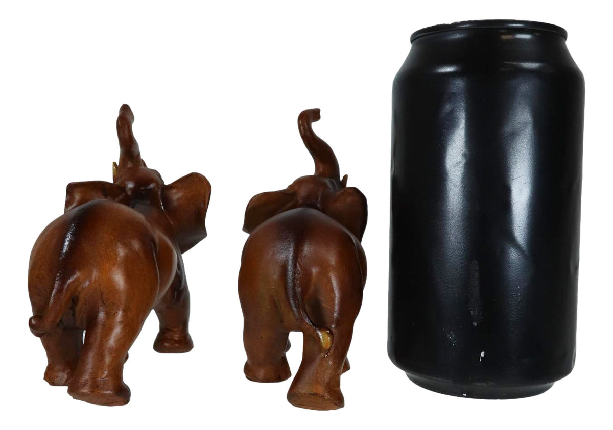 Ebros Faux Wood Feng Shui Elephant with Trunk Up Statue Set of 2 Thai Buddhism - Ebros Gift