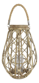 19"H Rustic Farmhouse Teardrop Woven Rattan Candle Lantern With Jute Rope Handle