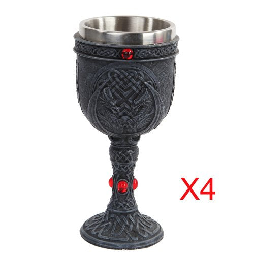 Set of 4 Celtic Dual Winged Dragon Wine Goblet Chalice Resin & Stainless Steel - Ebros Gift
