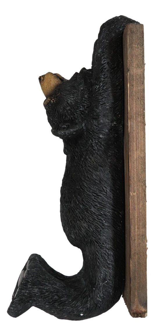 Whimsical Rustic Western Black Bear Clinging On Faux Wood Plank Wall Coat Hook - Ebros Gift