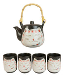 Japanese Maneki Neko Lucky Cat Ceramic Charcoal Black 20oz Tea Pot & 4 Cups Set