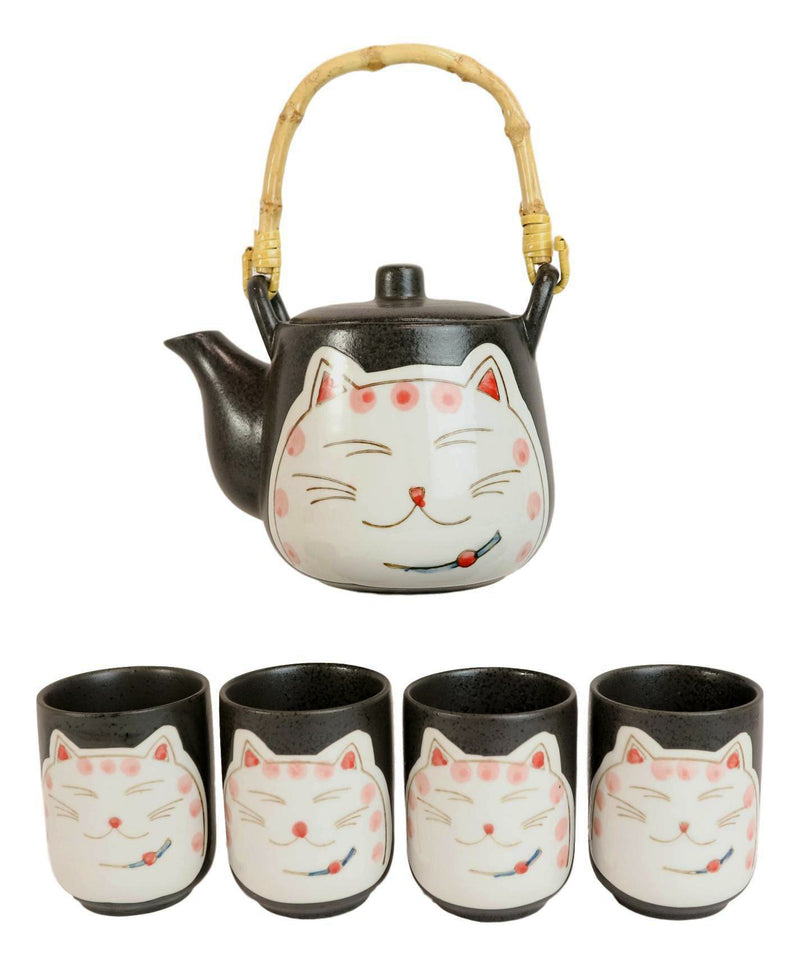 Japanese Maneki Neko Lucky Cat Ceramic Charcoal Black 20oz Tea Pot & 4 Cups Set