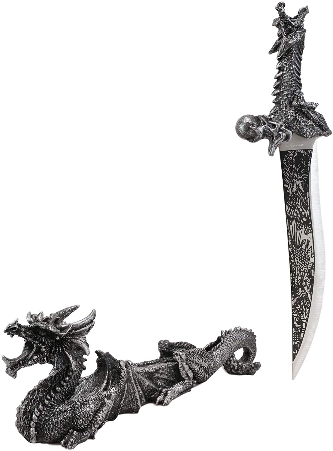 Ebros Gift Obsidian Athame Dragon Blade Letter Opener with Drake Base Stand Set