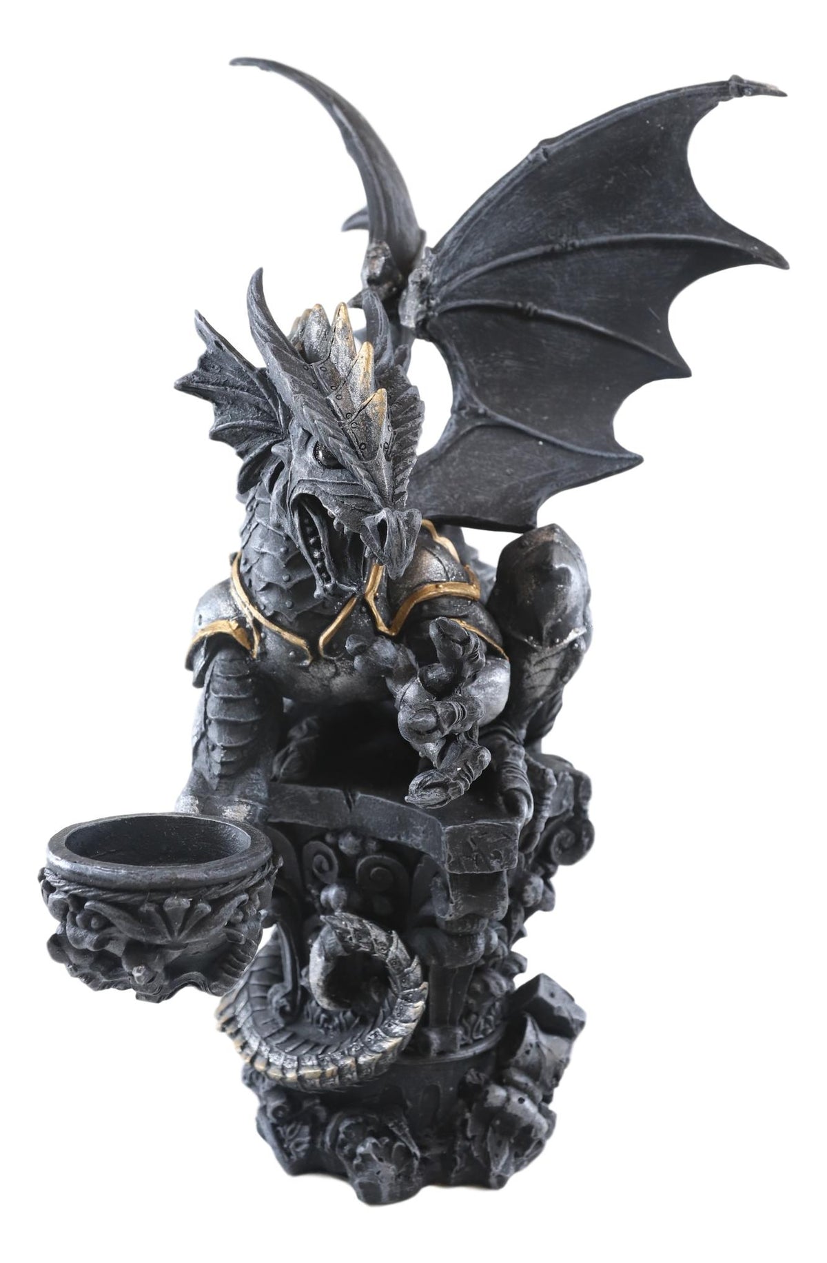Large Rune Armored Dragon On Pedestal Tea Light Candle Holder Statue Figurine