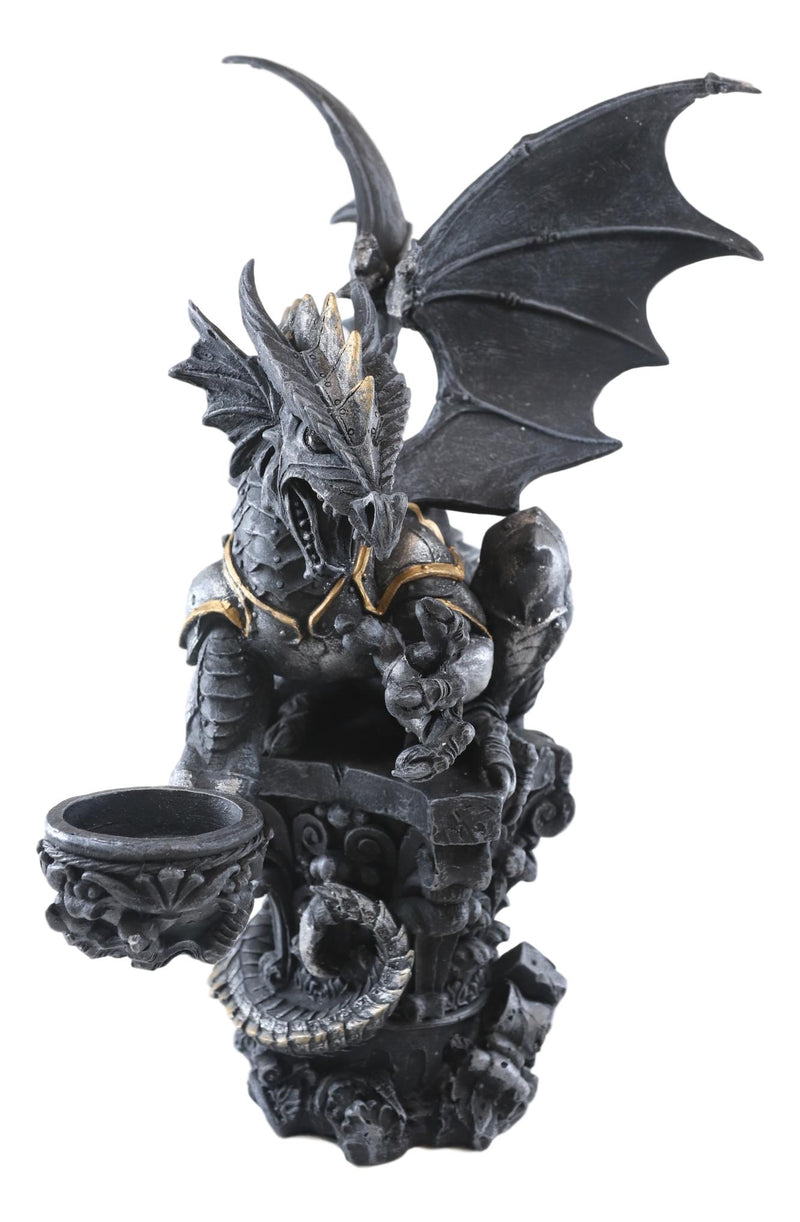 Large Rune Armored Dragon On Pedestal Tea Light Candle Holder Statue Figurine