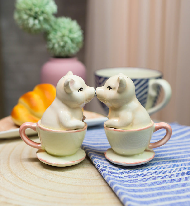 Ebros  Couple Kissing Teacup Miniature Pigs Hog Heavens Ceramic Salt Pepper Shaker Set