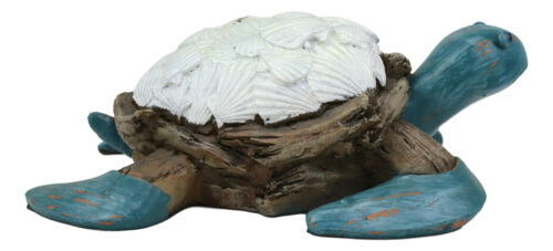 Nautical Sea Turtle With White Clam Shells In Faux Distressed Wood Finish Statue