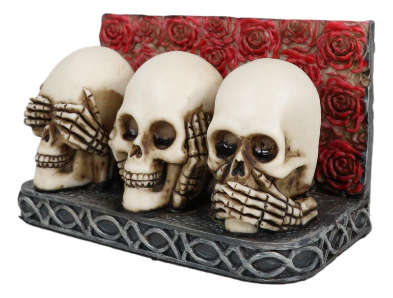 Gothic See Hear Speak No Evil Skulls By Red Roses Business Cards Holder Figurine