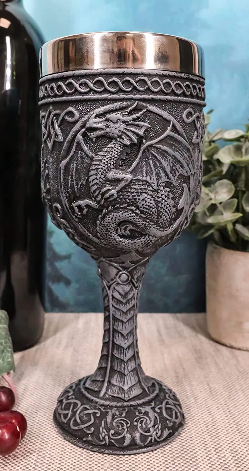 Set of 4 Medieval Dragon Wine Goblet Chalice Resin Body Stainless Steel Faux Stone
