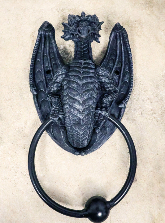 Ebros Faux Stone Fantasy Saurian Dragon Grasping Door Knocker Home Decor 8"H - Ebros Gift
