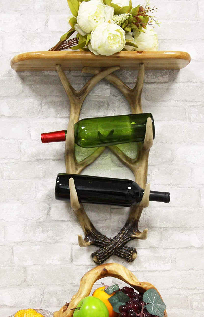 Western Entwined Deer Antlers Wall Hanging Floating Shelf Wine Rack Holder Hooks