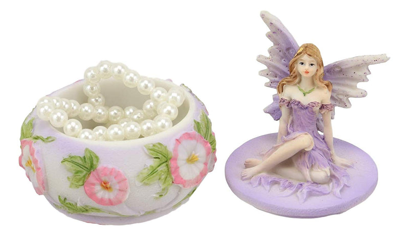 Ebros Gift Purple Lavender Fairy Small Round Trinket Jewelry Box Figurine 3.25" High