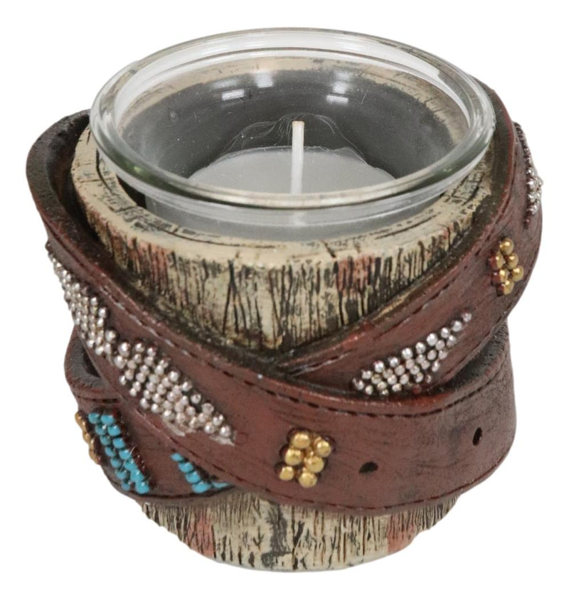 Pack Of 2 Western Turquoise Belt Buckle On Faux Wood Trunk Votive Candle Holders