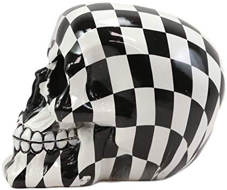 Ebros Harlequin Black And White Squares Checkered Skull Figurine Statue 6" Long
