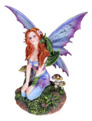Fantasy Purple Butterfly Winged Red Hair Fairy with Green Pet Dragon Figurine