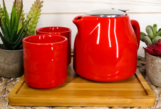 Ebros Bright Red Contemporary Ceramic 20oz Tea Pot With 2 Cups And Bamboo Tray Set - Ebros Gift