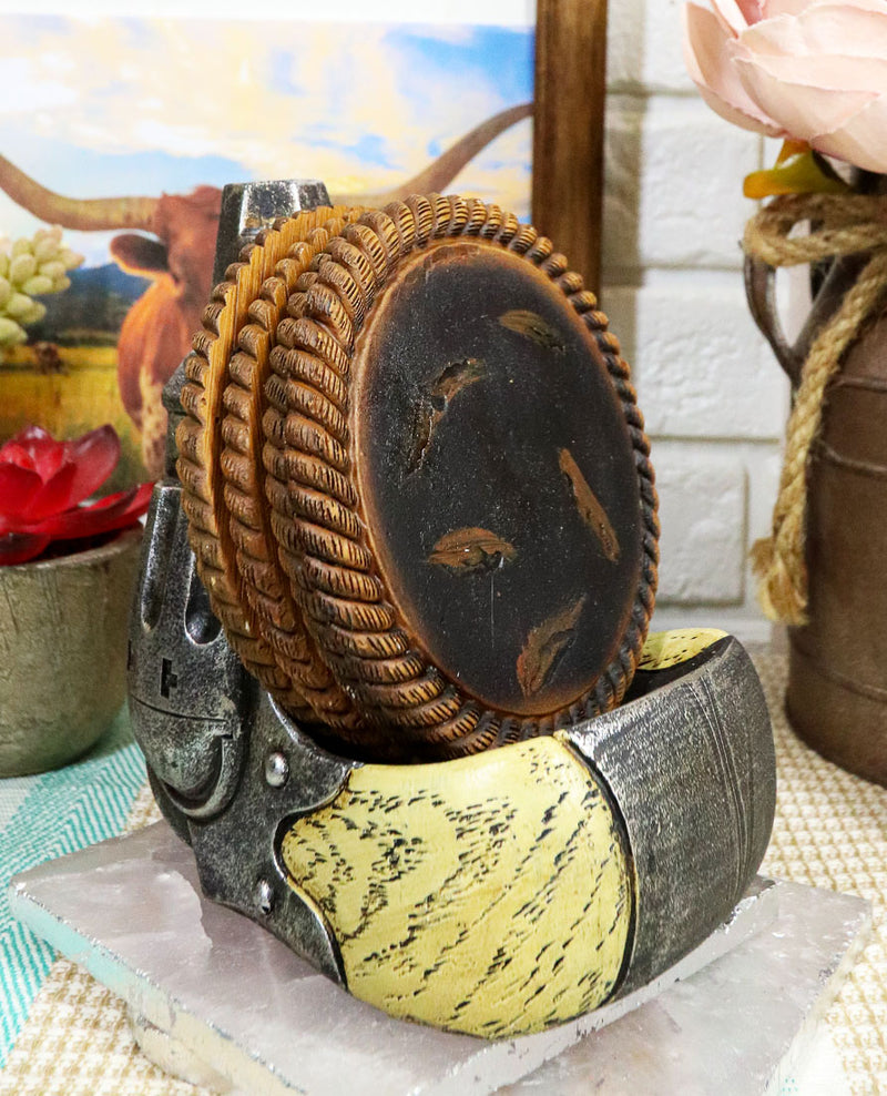 Rustic Western Pistol Revolver Gun Coaster Set With 4 Braided Ropes Coasters