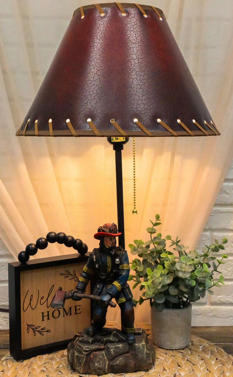 American Hero Fire Fighters Fireman In Full Gear And Axe Table Lamp With Shade