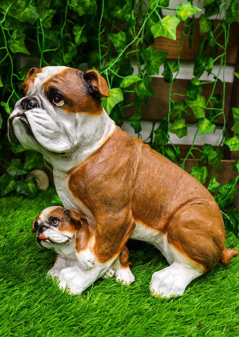 Ebros Realistic Lifelike Bulldog Mother and Puppy Statue 10" Tall Dog Breeds American Bulldogs Figurine Gallery Quality Sculpture with Glass Eyes