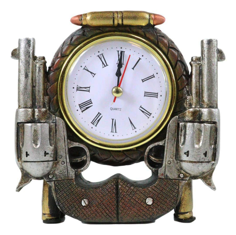 Rustic Western Cowboy Pistol Revolver Guns And Bullets Analog Table Clock Decor